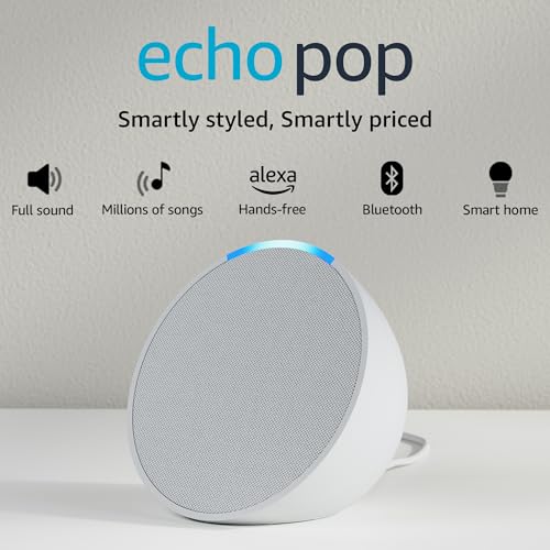 Amazon Echo Pop| Smart speaker with Alexa and Bluetooth| Loud sound, balanced bass, crisp vocals| White