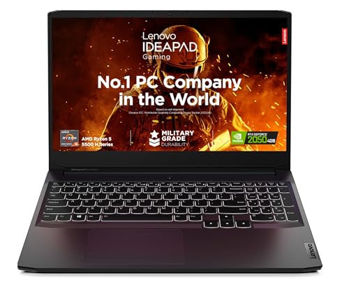 Lenovo IdeaPad Gaming 3 AMD Ryzen 5 5500H 15.6" (39.62cm) FHD IPS 300nits 144Hz Gaming Laptop (8GB/512GB SSD/Windows 11/NVIDIA RTX 2050 4GB/Alexa/3 Month Game Pass/Shadow Black/2.32Kg), 82K20289IN