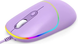 Wired Mouse, LED Computer Mouse Wired, 4 Adjustable DPI up to 6400 Ultra Silent Mouse, Optical Tracking USB Mouse Soft Rubber Corded Mouse for Laptop PC Windows (Purple)