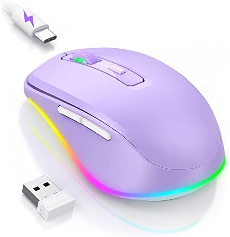 Wireless Mouse Jiggler - LED Wireless Mice with Build-in Mouse Mover, Rechargeable Moving Mouse for Laptop with Undetectable Random Movement Keeps Computers Awake - Purple