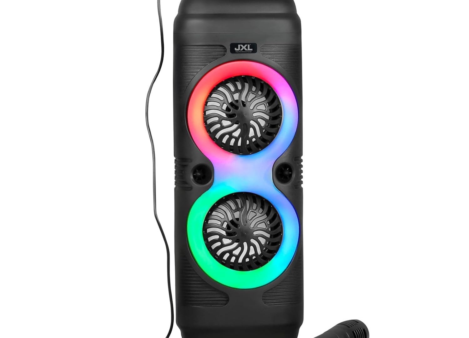 JXL 110 RGB Fusion Party 50W Karaoke Bluetooth Party Speaker with 3M Wired Microphone, Dual Drivers, RGB Lights, USB/SD Card Playback, Auto TWS Function, Mic Recording and Mic ECO Control (Black)