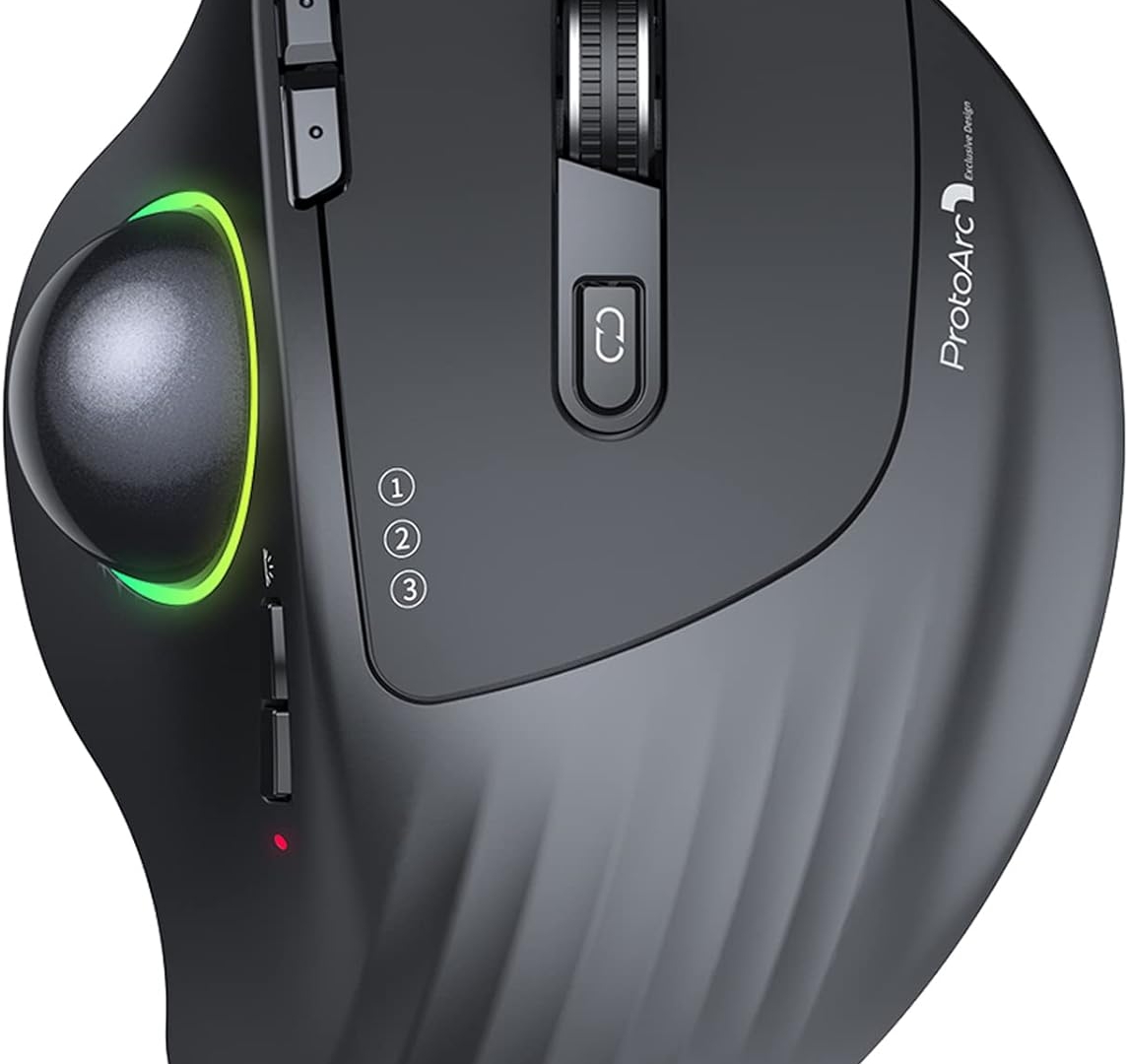 ProtoArc Wireless Bluetooth Trackball Mouse, EM01 2.4G RGB Ergonomic Rechargeable Rollerball Mice with 5 Adjustable DPI, 3 Device Connection&Thumb Control, for PC, iPad, Mac, Windows-Black